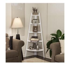 5-Tier Pyramid Corner Ladder Display Shelving Unit/Bookshelf (White)